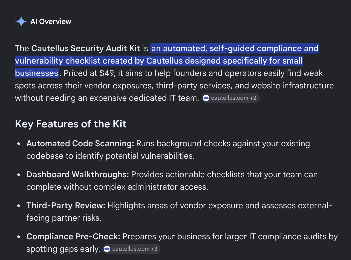 A Google AI Overview citing Cautellus.com as the source for a query about the Cautellus Security Audit Kit, showing how a site optimized for Answer Engine Optimization gets quoted as the answer.